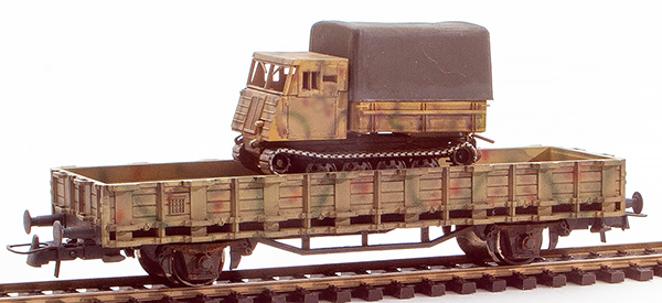 REI Models 740791 - German WWII RSO Magirus in Summer Camo load on a two axle flat car